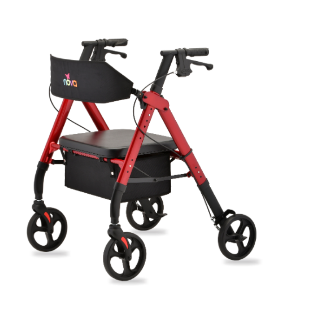 The Nova Medical Star HD Bariatric Rollator with XL Backrest, in red and black, features a Quick-Fit adjustable frame, padded seat with storage pouch beneath, four wheels, and hand brakes on each handlebar, shown on a white background.